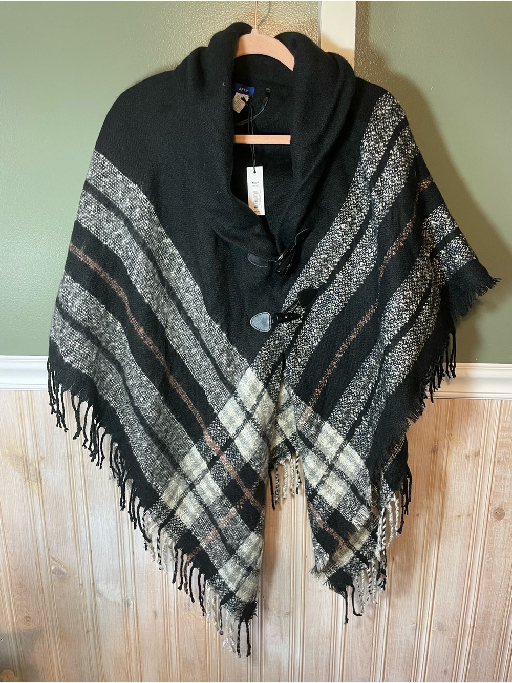 Apt. 9 Black Plaid Fringe Shawl Cape with Toggle Closures